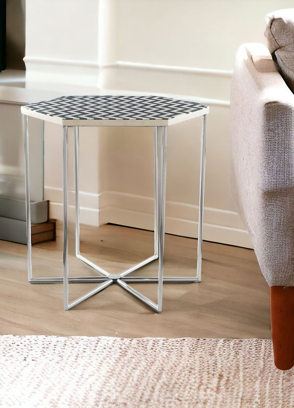 21 Silver And Black And White Stone Hexagon End Table