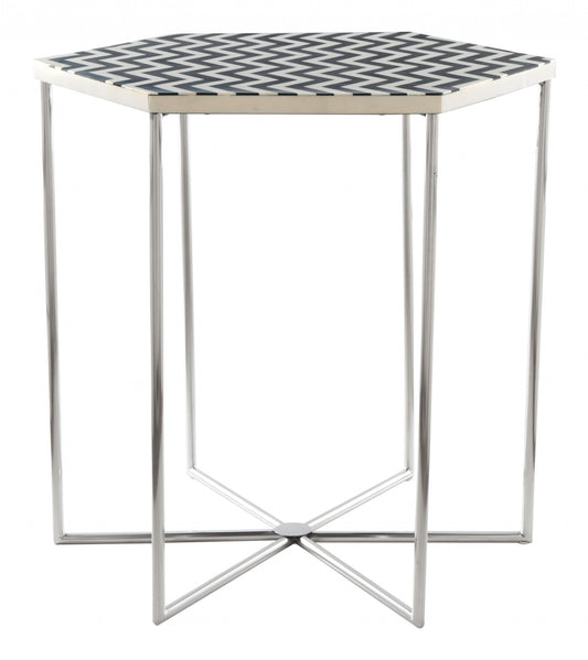 21" Silver And Black And White Stone Hexagon End Table