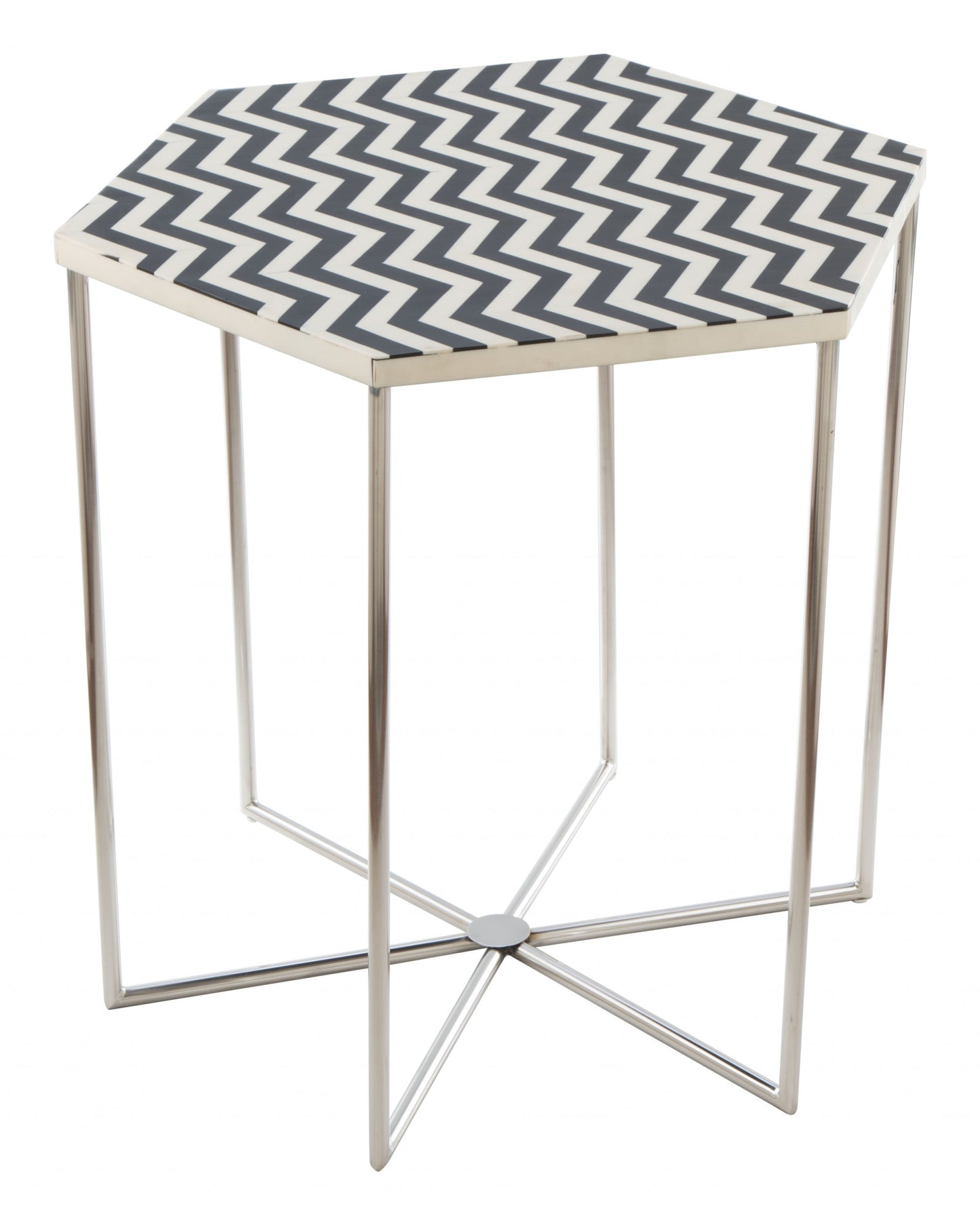 21" Silver And Black And White Stone Hexagon End Table