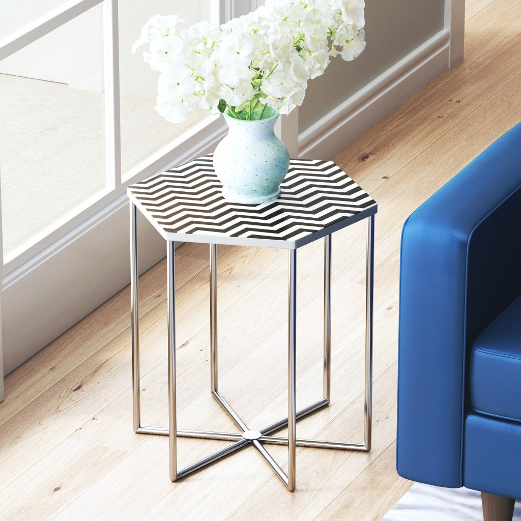 21" Silver And Black And White Stone Hexagon End Table