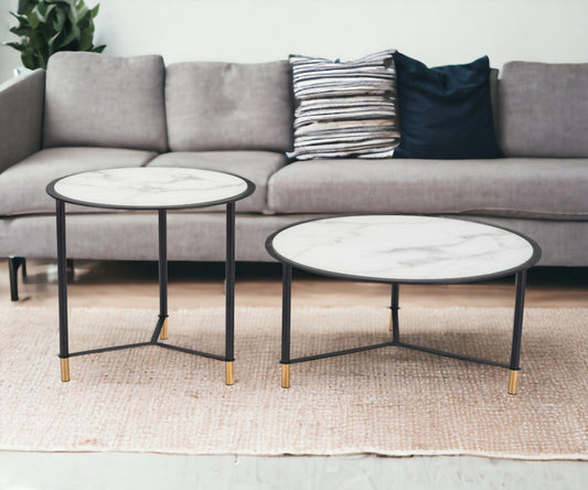 Set Of Two 32" Black And White Faux Marble Glass Round Coffee Tables