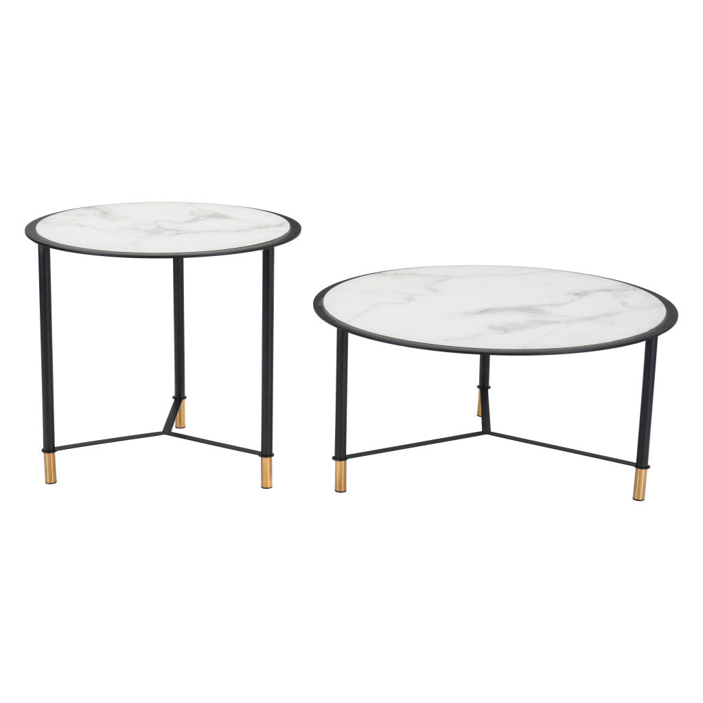 Set Of Two 32" Black And White Faux Marble Glass Round Coffee Tables