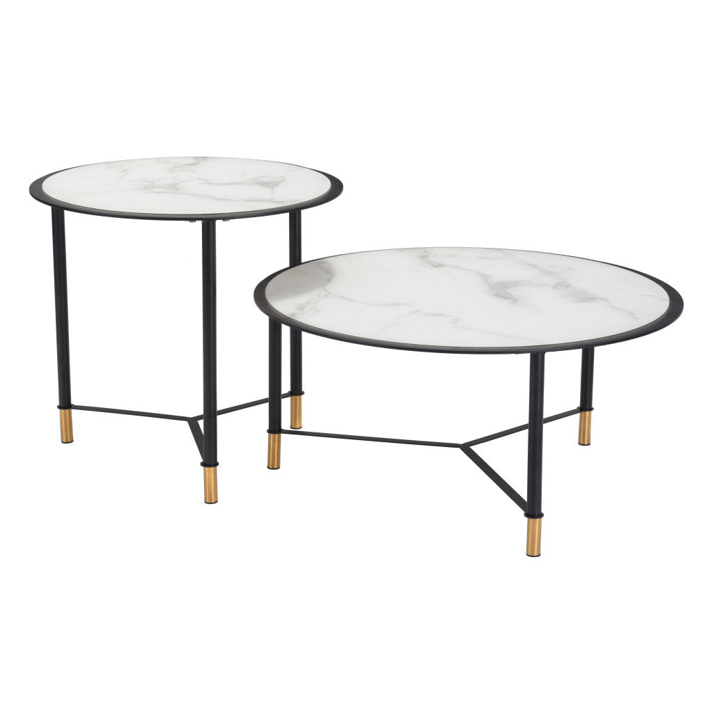 Set Of Two 32" Black And White Faux Marble Glass Round Coffee Tables