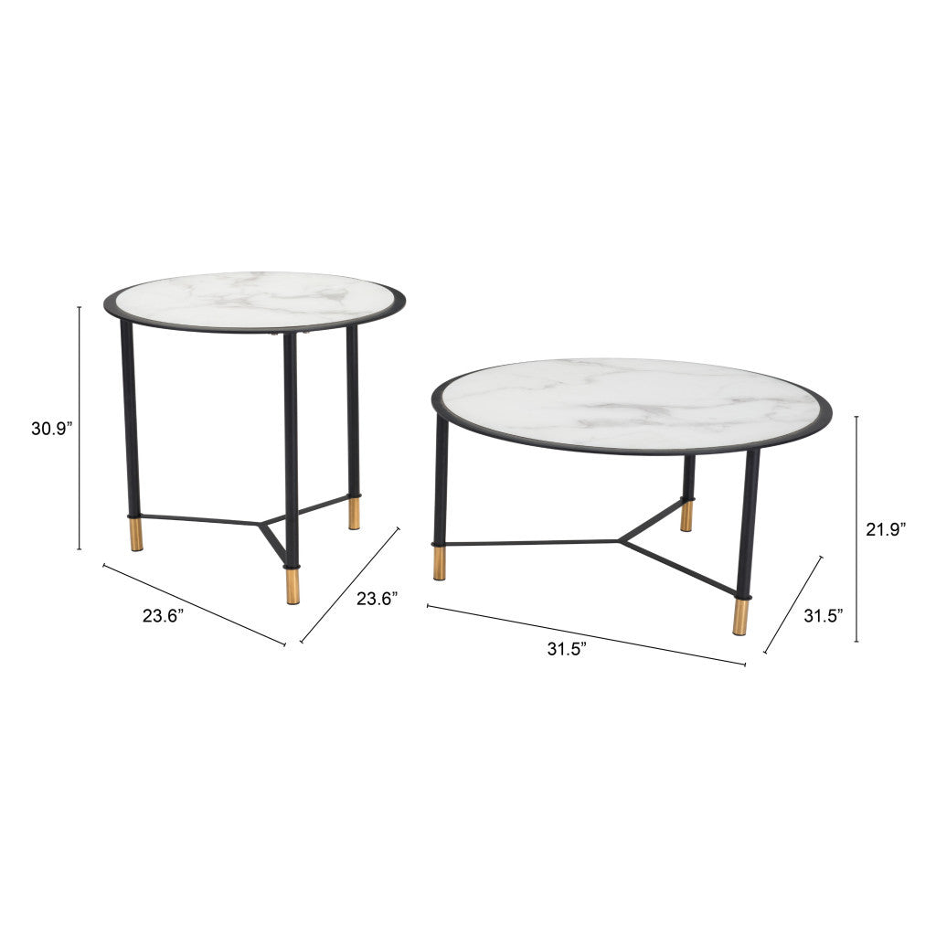 Set Of Two 32" Black And White Faux Marble Glass Round Coffee Tables