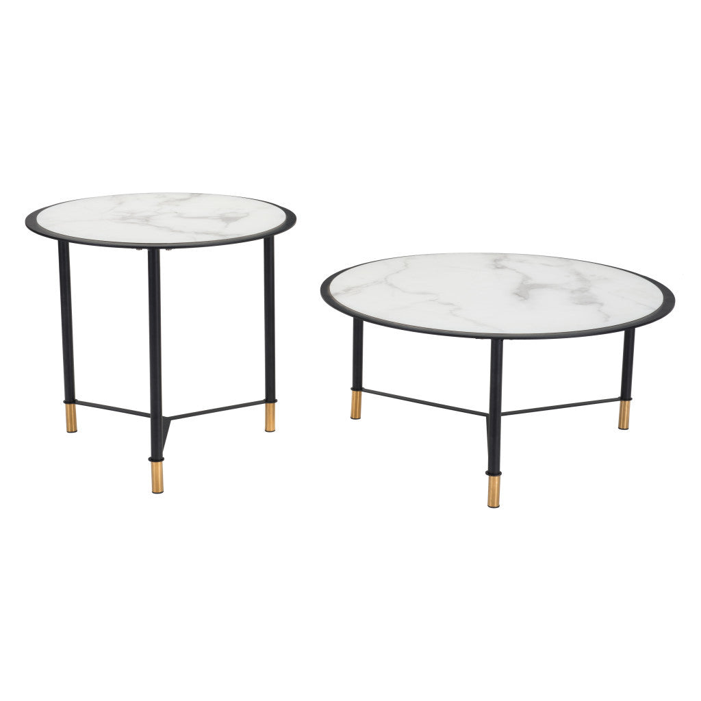 Set Of Two 32" Black And White Faux Marble Glass Round Coffee Tables