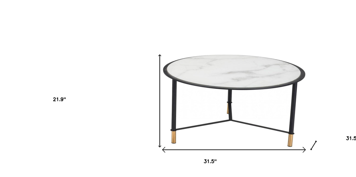 Set Of Two 32" Black And White Faux Marble Glass Round Coffee Tables