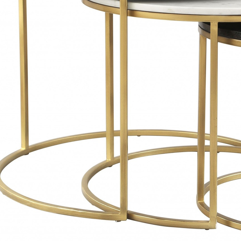 Set of Three 28" Light Gray And Gold Genuine Marble And Steel Round Nested Coffee Tables