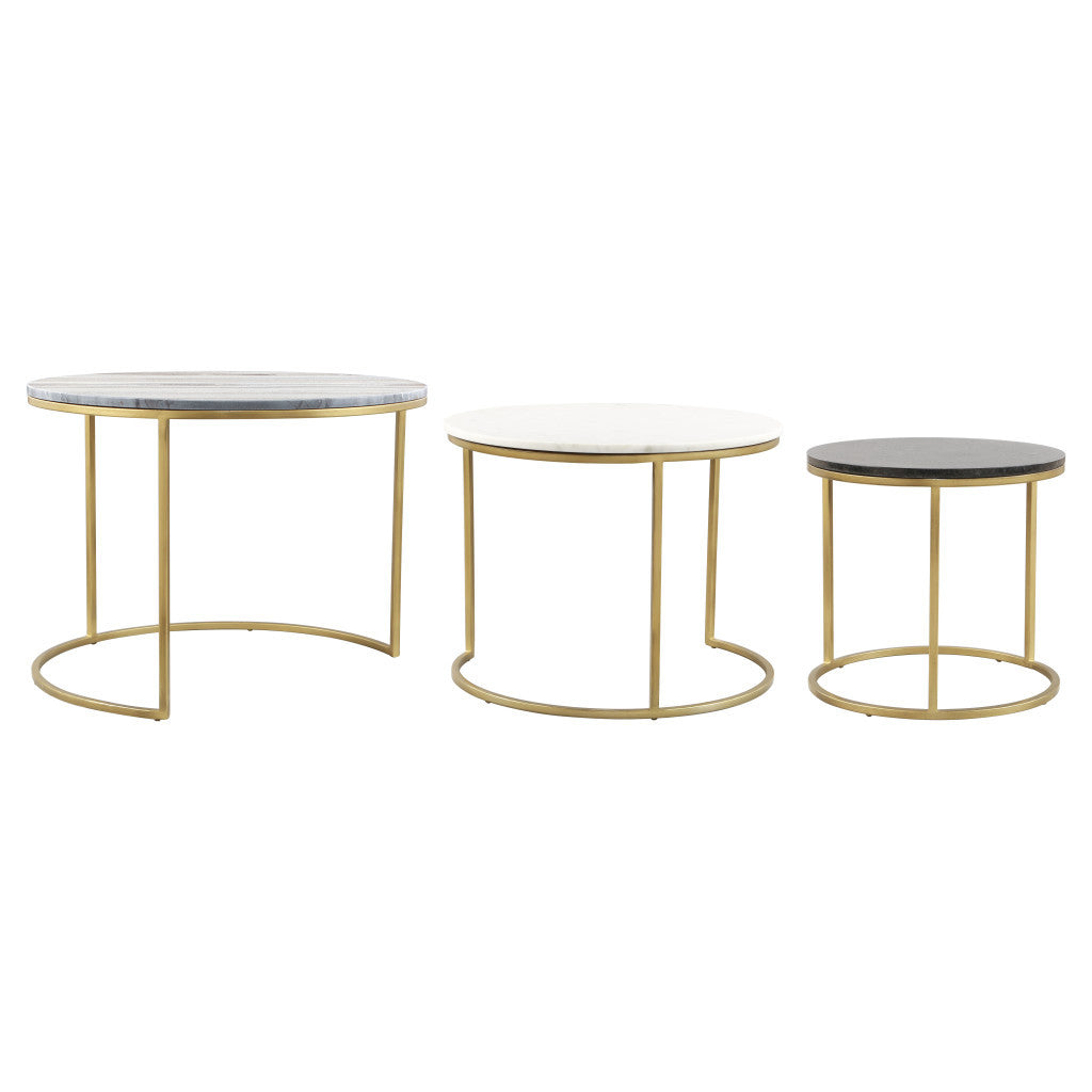 Set of Three 28" Light Gray And Gold Genuine Marble And Steel Round Nested Coffee Tables