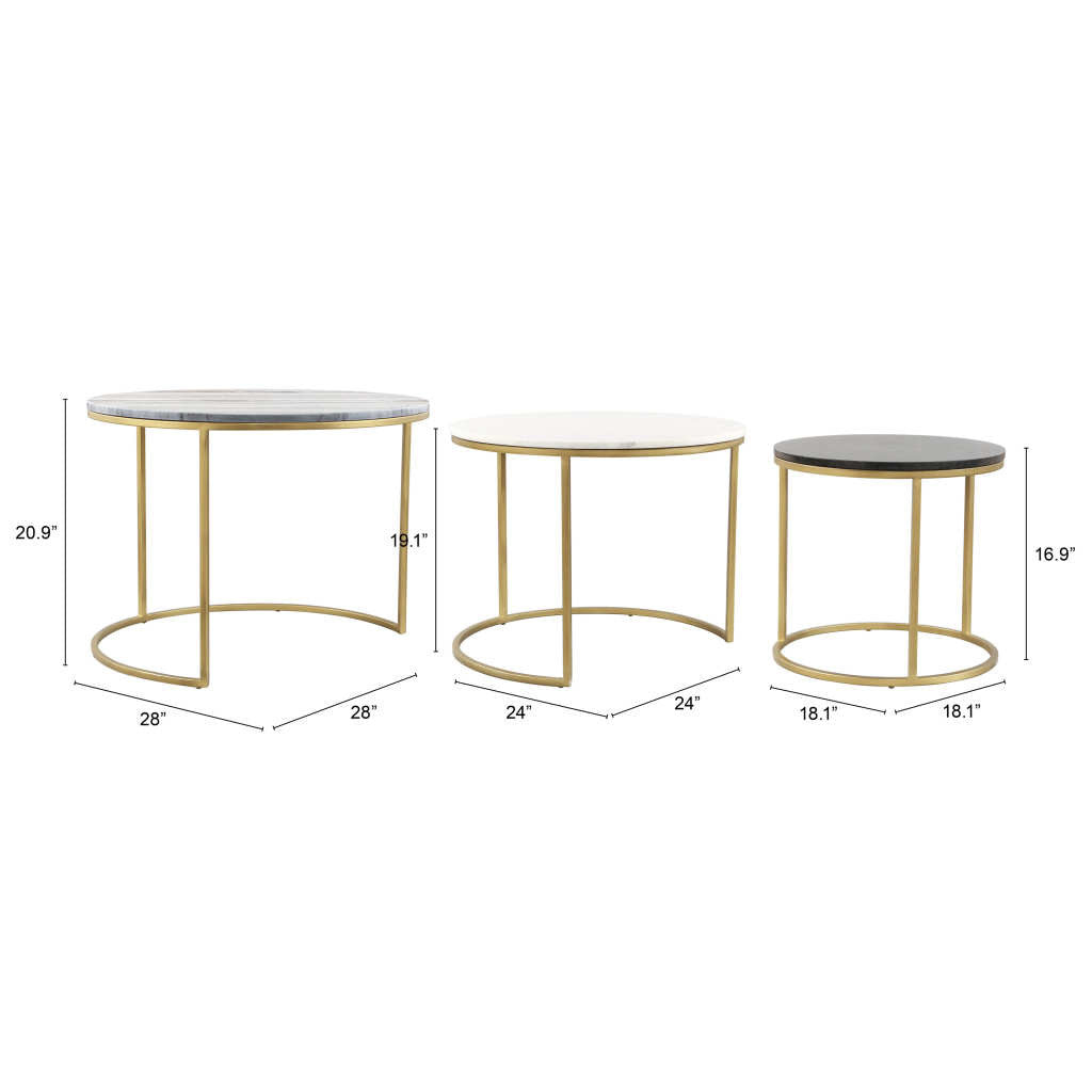 Set of Three 28" Light Gray And Gold Genuine Marble And Steel Round Nested Coffee Tables