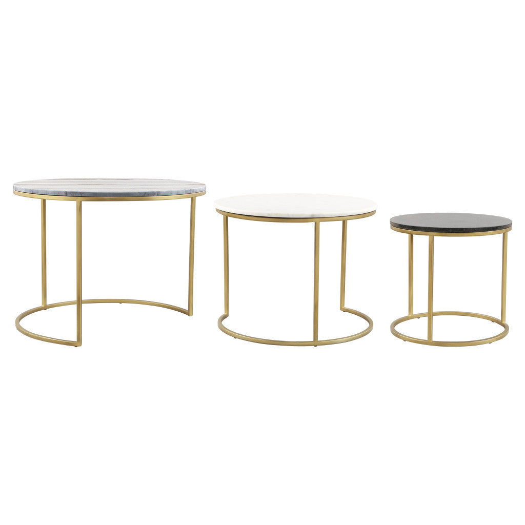 Set of Three 28" Light Gray And Gold Genuine Marble And Steel Round Nested Coffee Tables