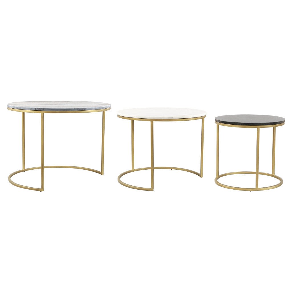 Set of Three 28" Light Gray And Gold Genuine Marble And Steel Round Nested Coffee Tables