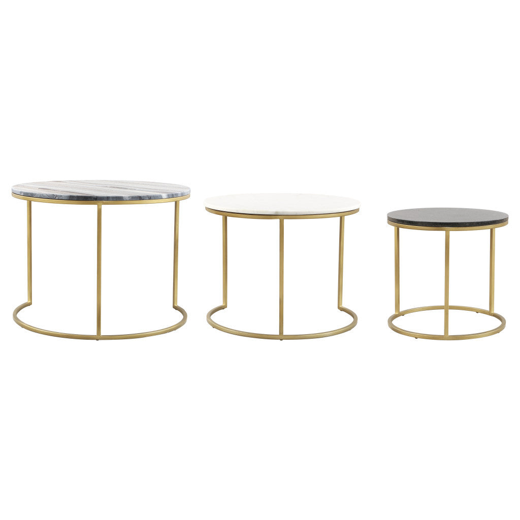 Set of Three 28" Light Gray And Gold Genuine Marble And Steel Round Nested Coffee Tables