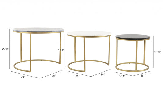 Set of Three 28" Light Gray And Gold Genuine Marble And Steel Round Nested Coffee Tables