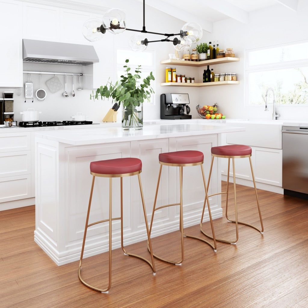 Set of Two 31" Burgundy And Gold Steel Backless Bar Height Bar Chairs