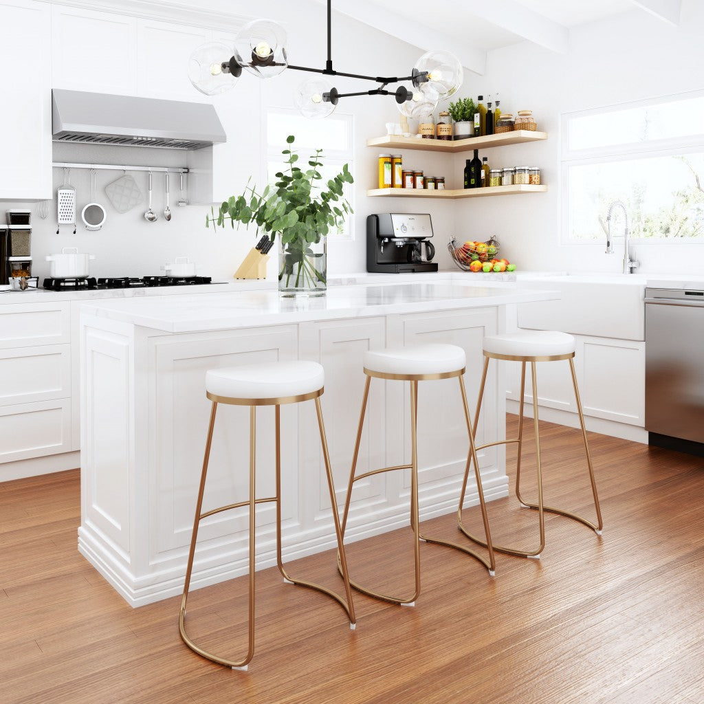 Set of Two 31" White And Gold Steel Backless Bar Height Bar Chairs