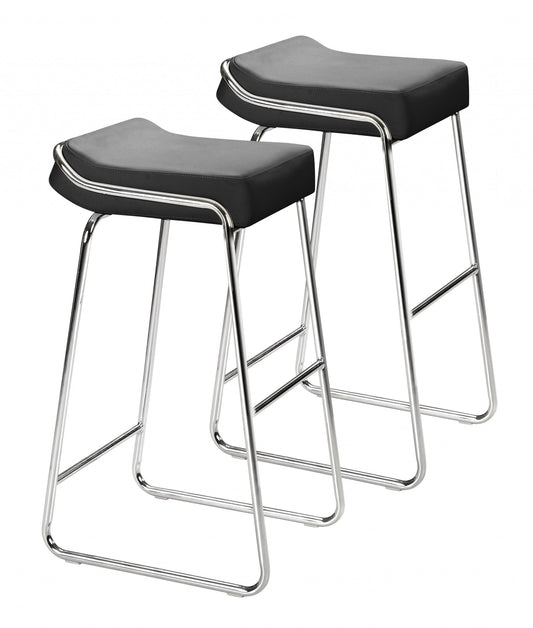 Set of Two 32" Black And Silver Faux Leather And Steel Backless Bar Height Bar Chairs