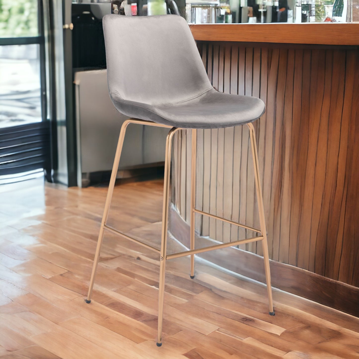 31" Gray And Copper Steel Low Back Bar Height Bar Chair