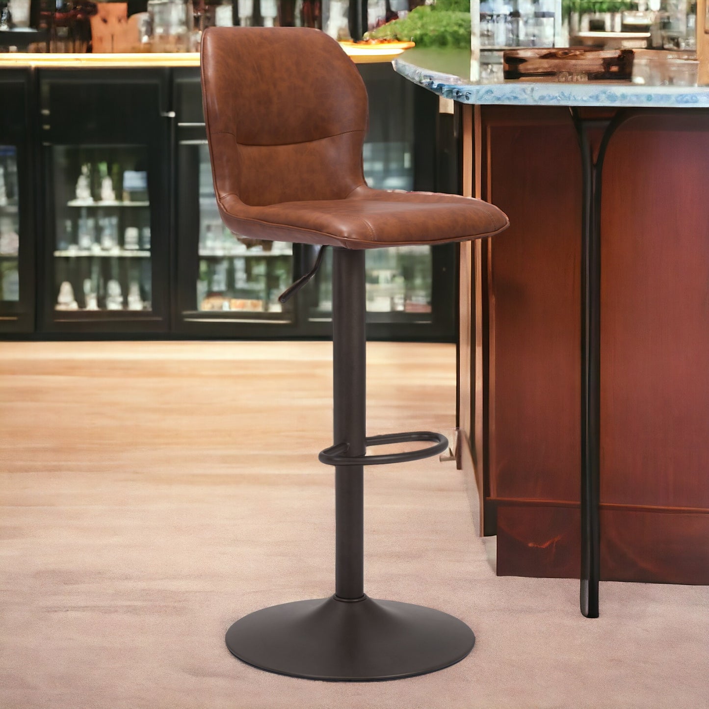 Adjustable Height Brown And Black Steel Swivel Low Back Counter Height Bar Chair