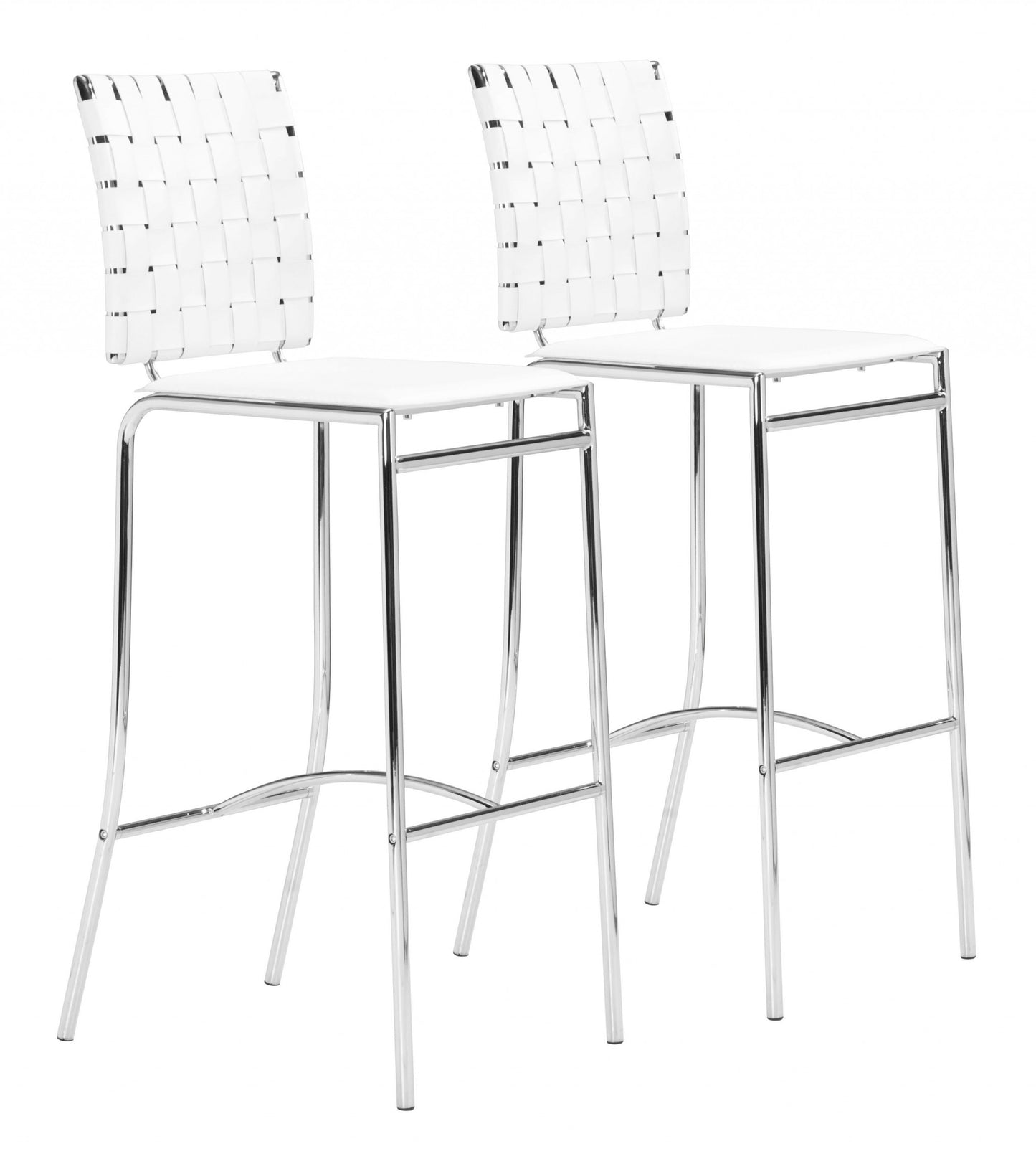 Set of Two 29" White And Silver Steel Low Back Bar Height Bar Chairs