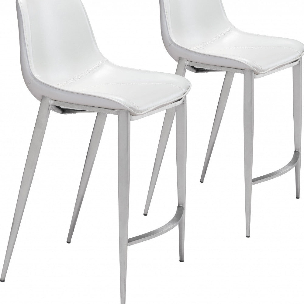 Set of Two 26" White And Silver Steel Low Back Counter Height Bar Chairs