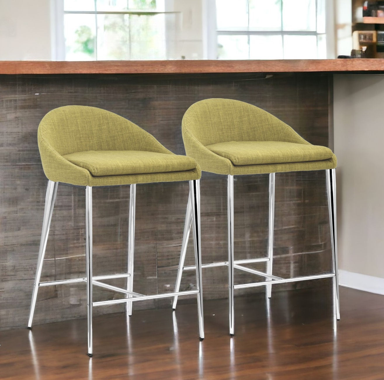 Set of Two 24" Green And Silver Steel Low Back Counter Height Bar Chairs