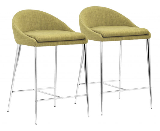 Set of Two 24" Green And Silver Steel Low Back Counter Height Bar Chairs