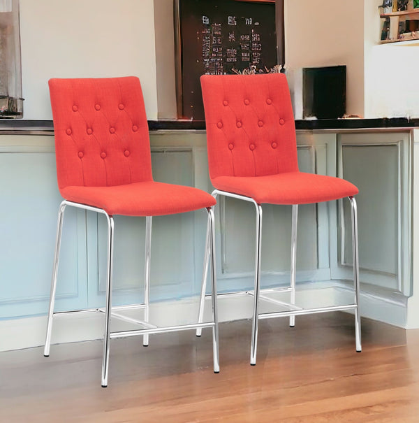 Set of Two 24 Tangerine And Silver Steel Low Back Counter Height Bar Chairs