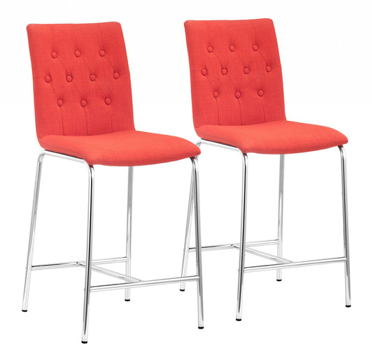 Set of Two 24" Tangerine And Silver Steel Low Back Counter Height Bar Chairs