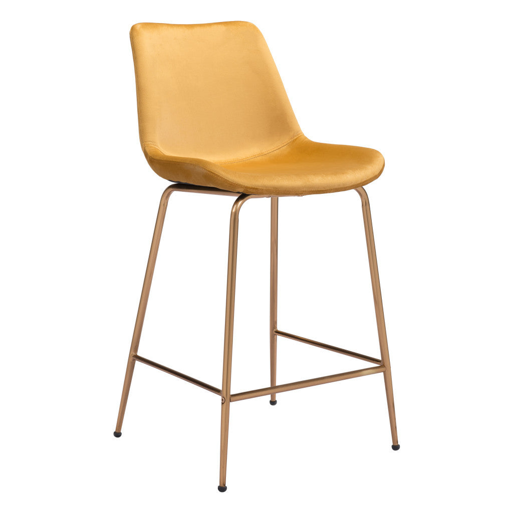 26" Yellow And Copper Velvet And Steel Low Back Counter Height Bar Chair