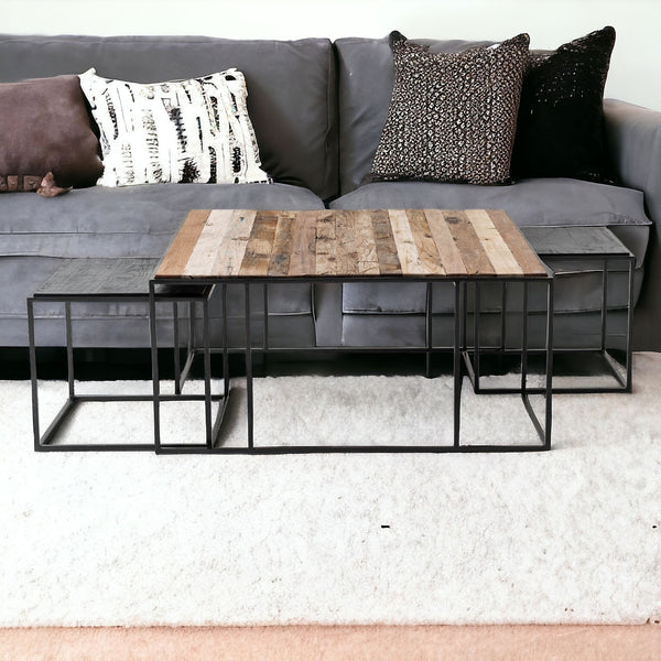 Set of Three 39 Oak And Black Solid Wood And Iron with Iron Square Nested Coffee Tables