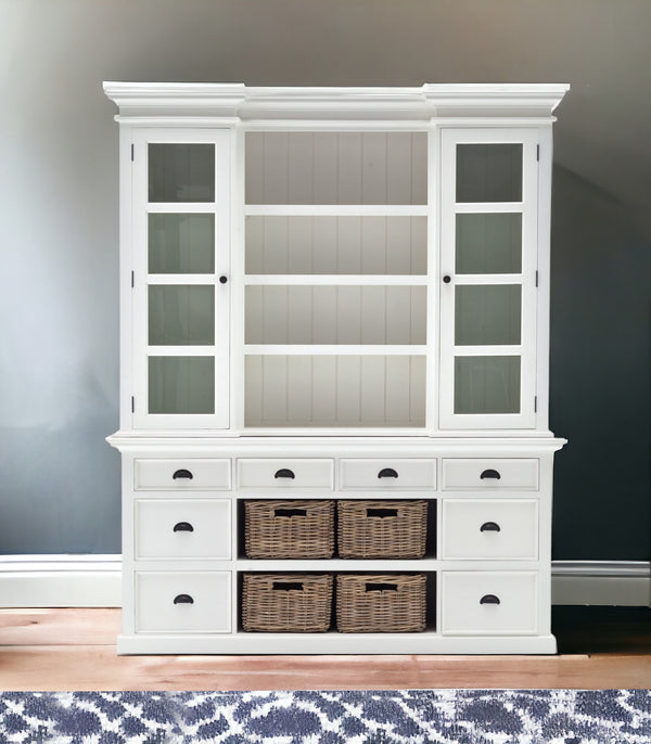 87 White Wood Bookcase with Glass Doors Drawers and Baskets