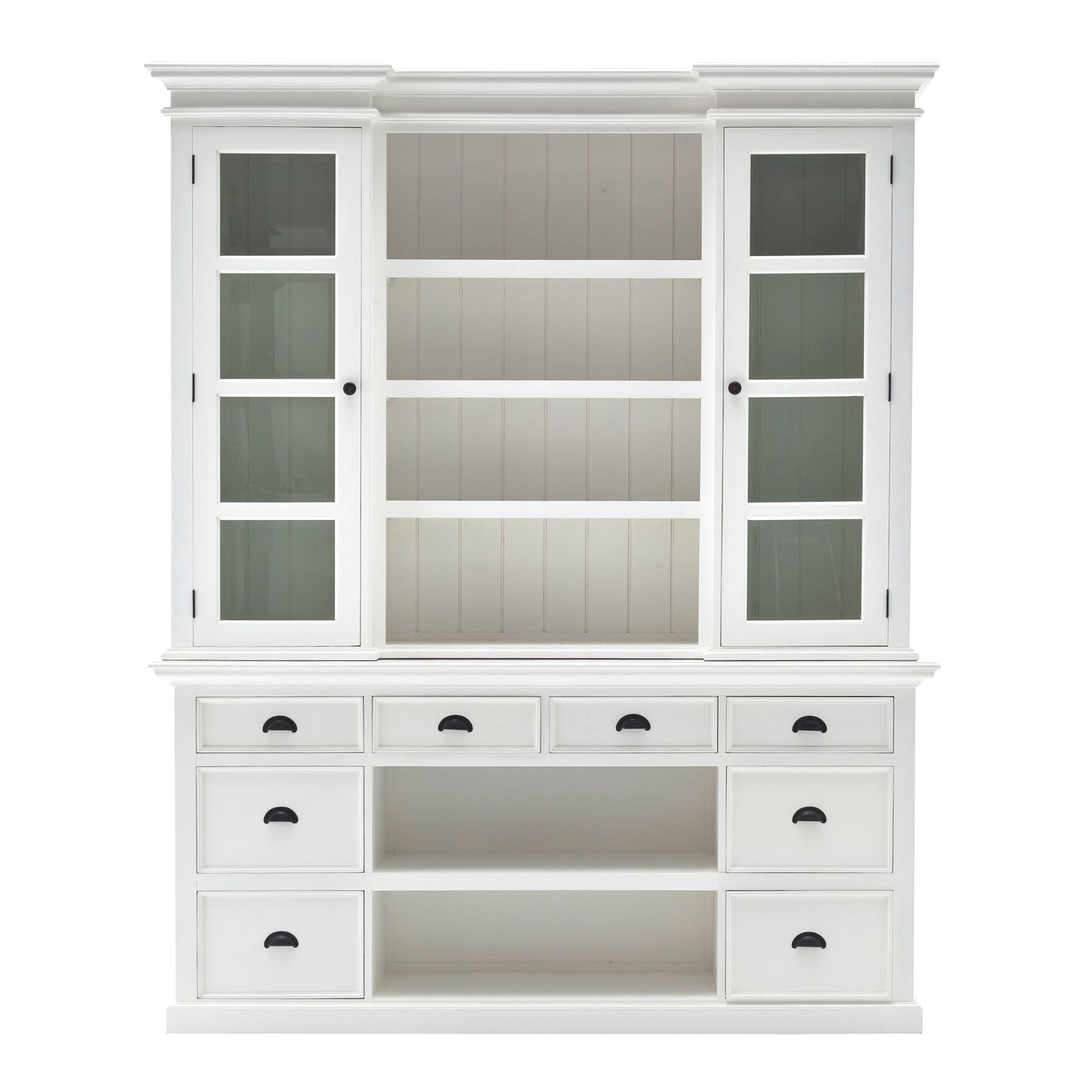 87" White Wood Bookcase with Glass Doors Drawers and Baskets