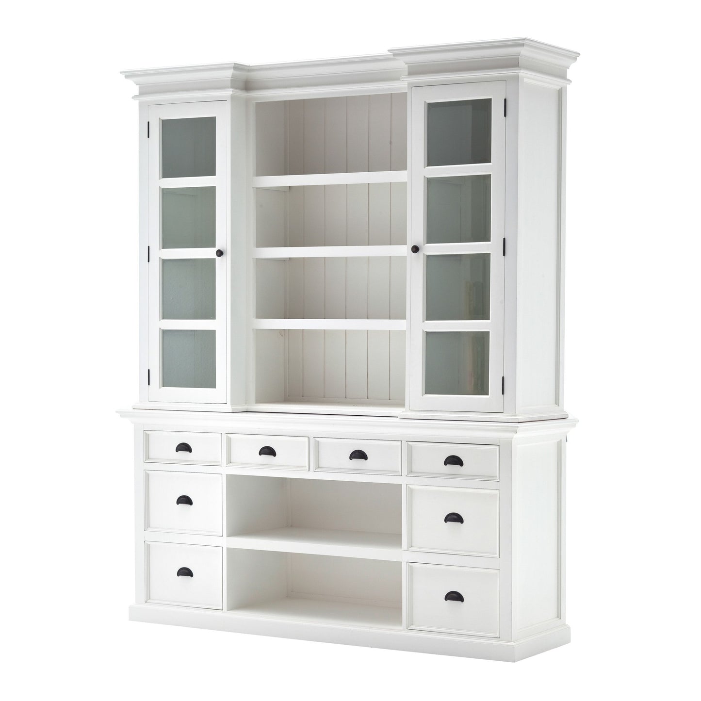 87" White Wood Bookcase with Glass Doors Drawers and Baskets