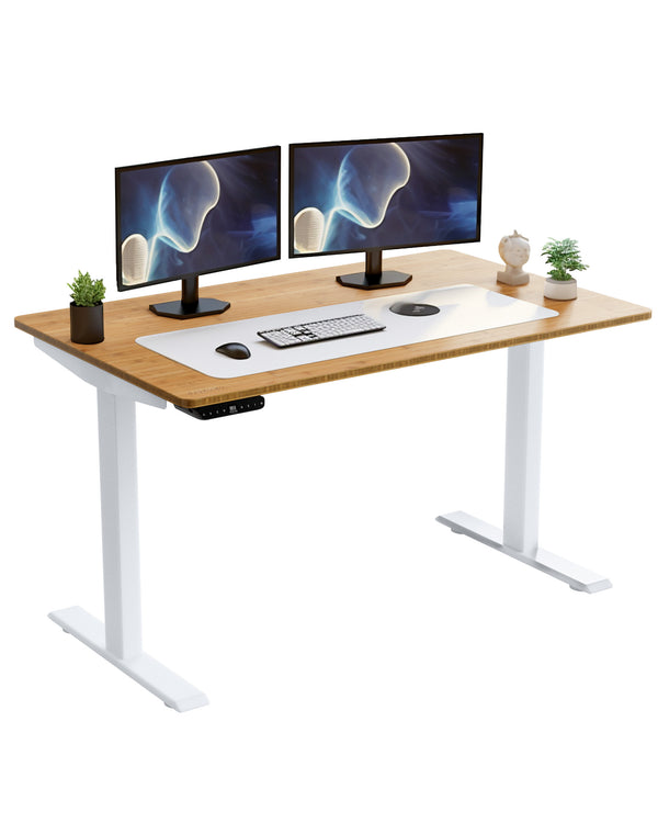 White and Natural Bamboo 52 Dual Motor Electric Office Adjustable Computer Desk