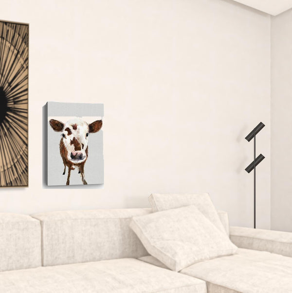 24 x 16 Brown and White Baby Cow Face Canvas Wall Art