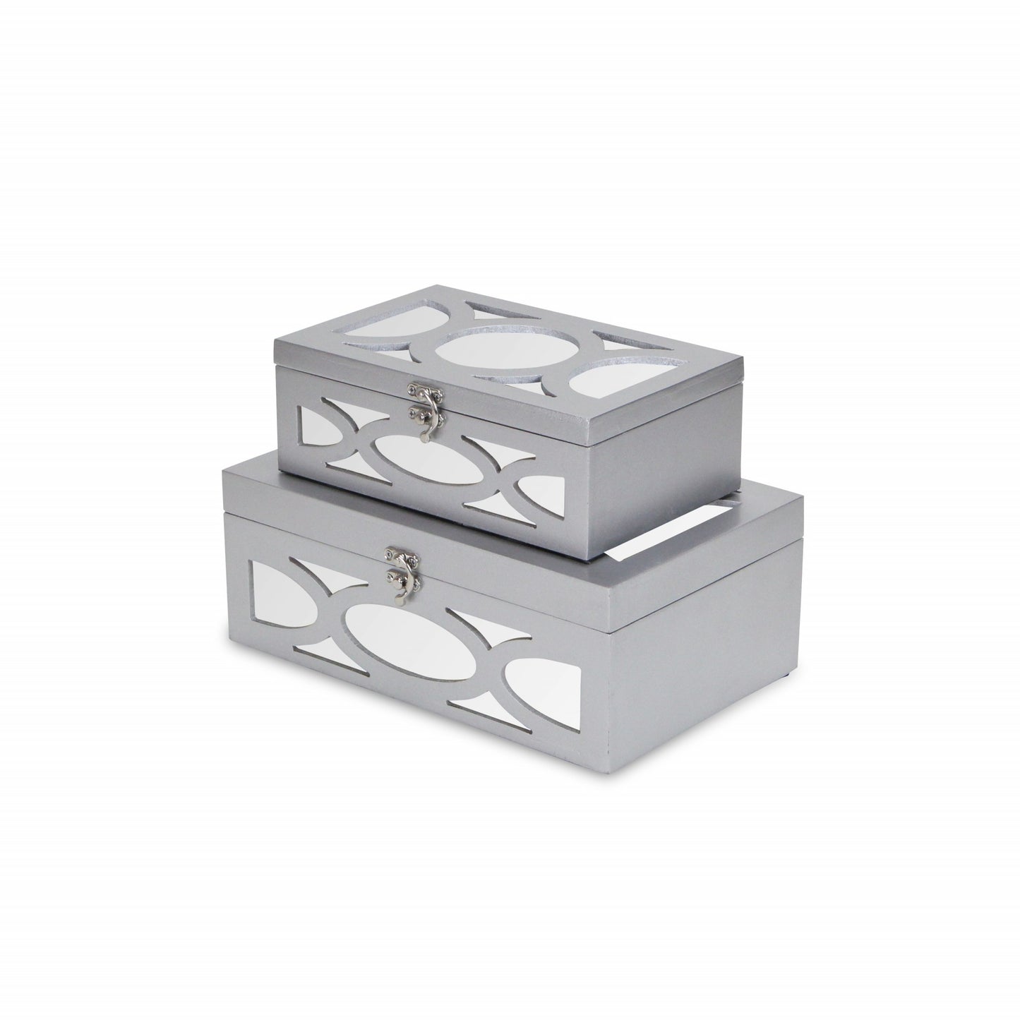 Set of Two Silver Oval Scroll Mirror Jewelry Storage Boxes