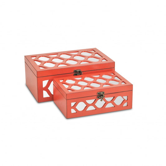 Set of Coral Quatrefoil Mirror Jewelry Storage Boxes