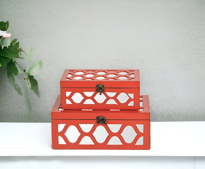 Set of Coral Quatrefoil Mirror Jewelry Storage Boxes