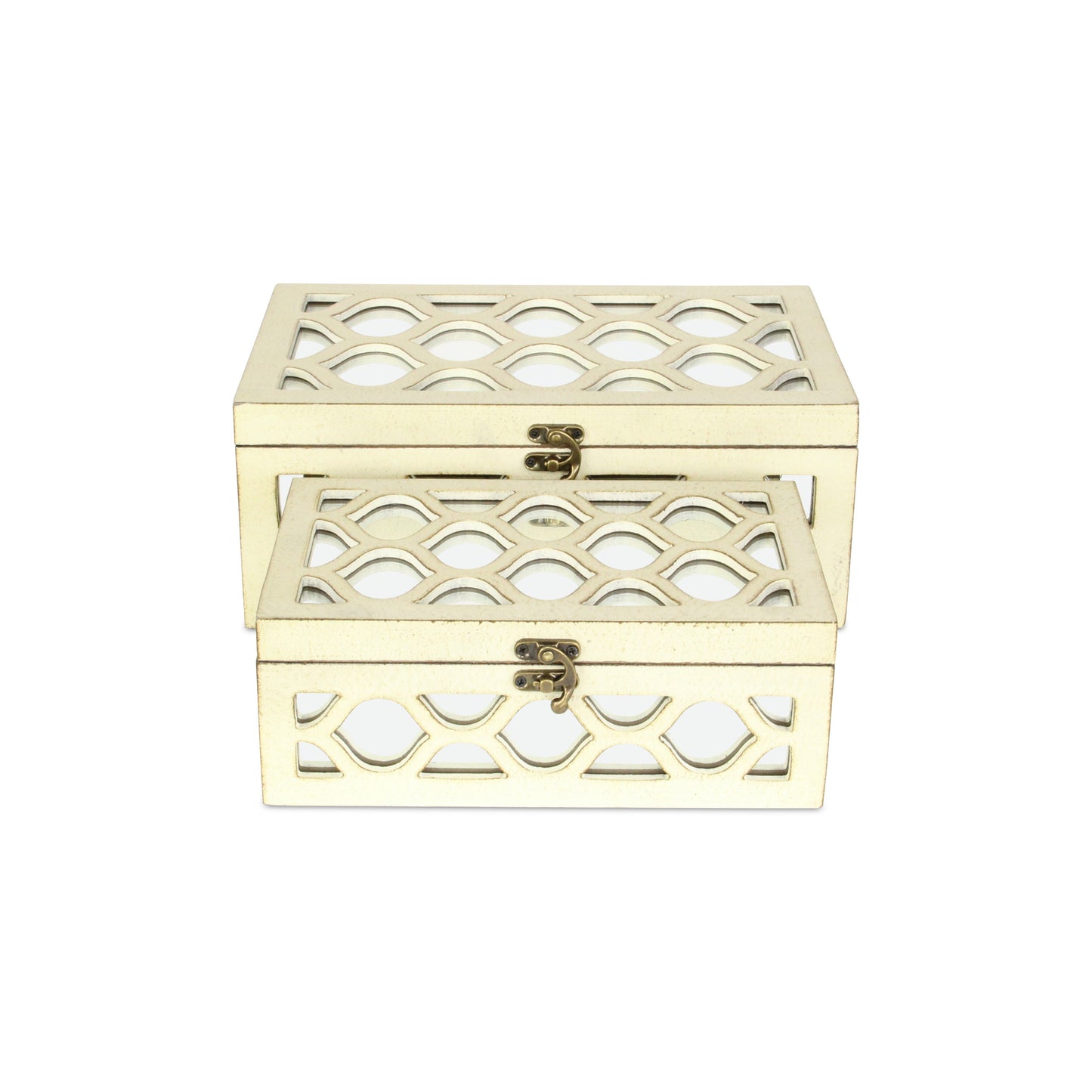 Set of White Quatrefoil Mirror Jewelry Storage Boxes