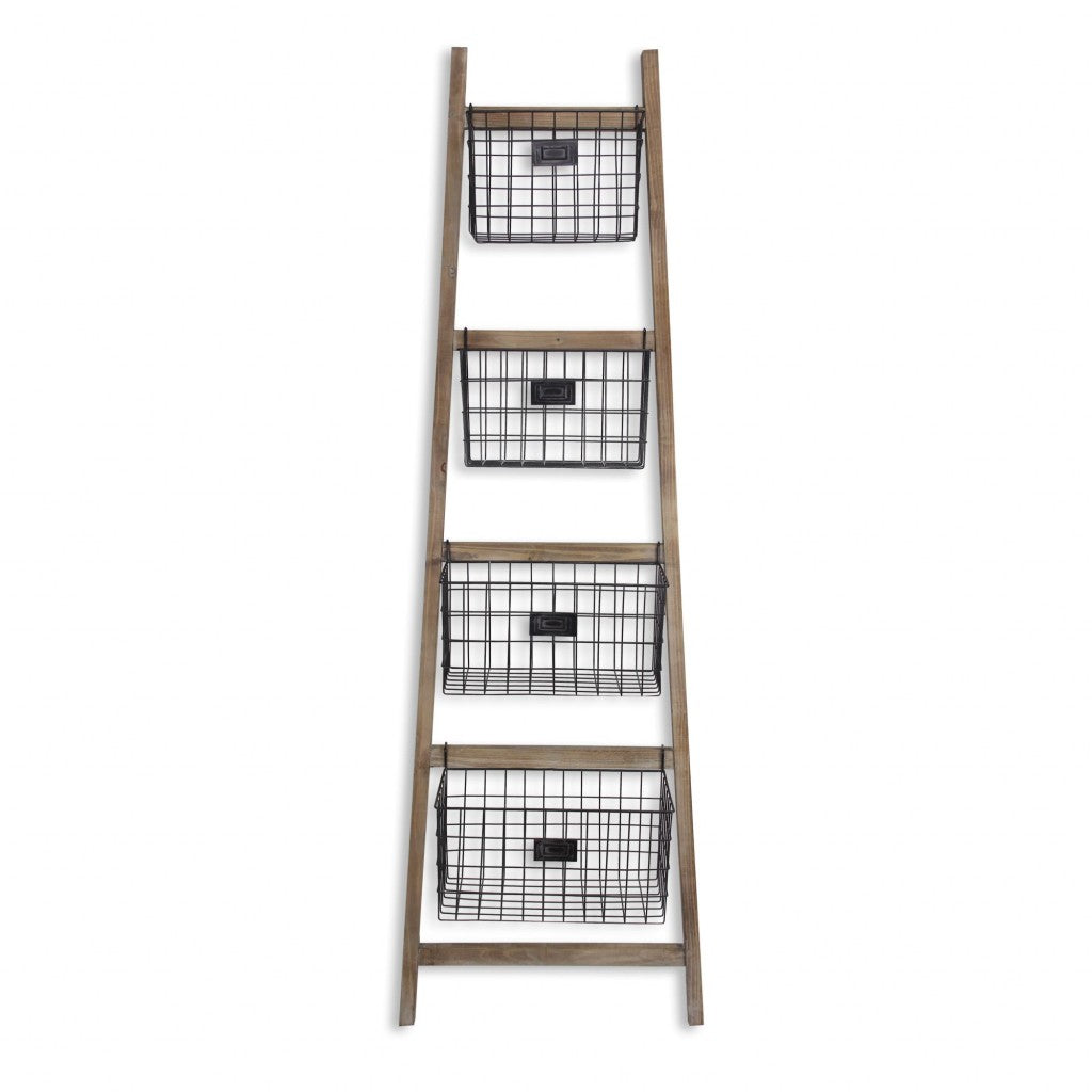 Wooden Ladder Storage Piece with 4 Baskets