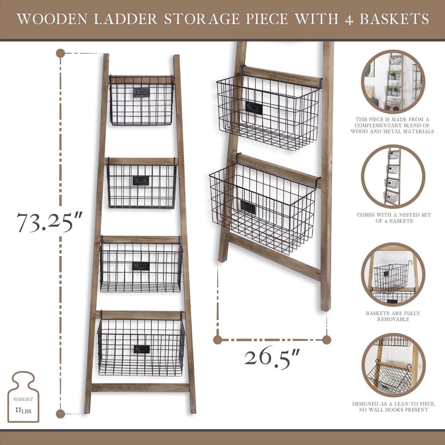 Wooden Ladder Storage Piece with 4 Baskets