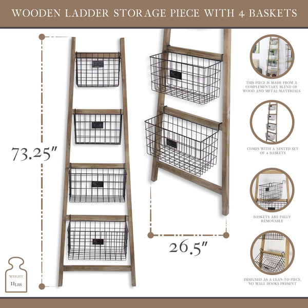 Wooden Ladder Storage Piece with 4 Baskets