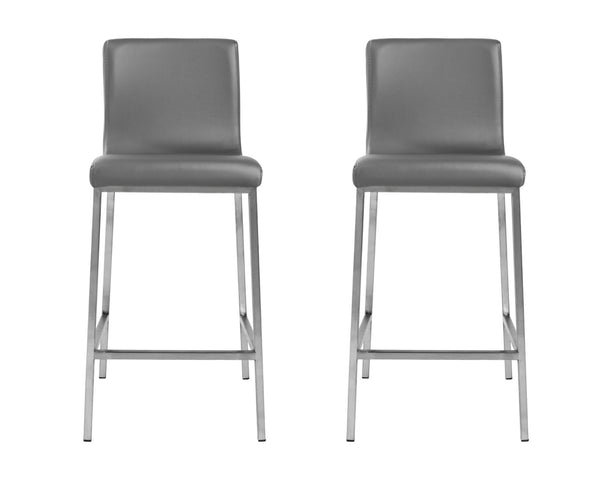 Set of Two 26 Gray And Silver Faux Leather And Steel Low Back Counter Height Bar Chairs