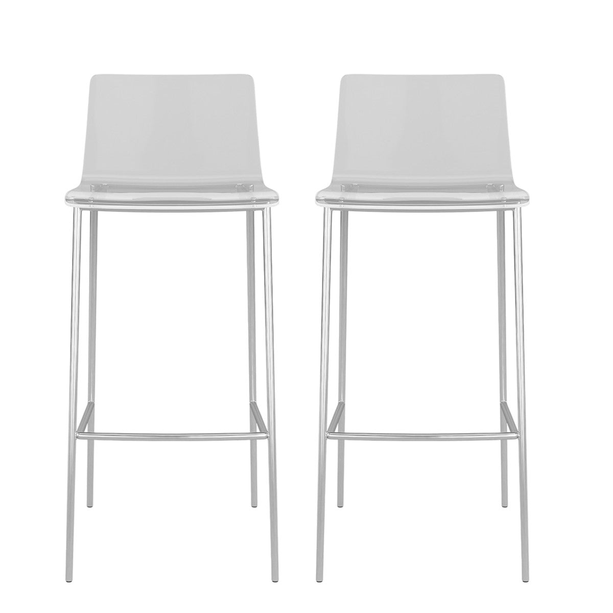 Set of Two 30" Clear And Silver Plastic Low Back Bar Height Bar Chairs