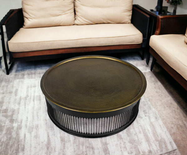 Round Black Drum Shaped Brass Coffee Table