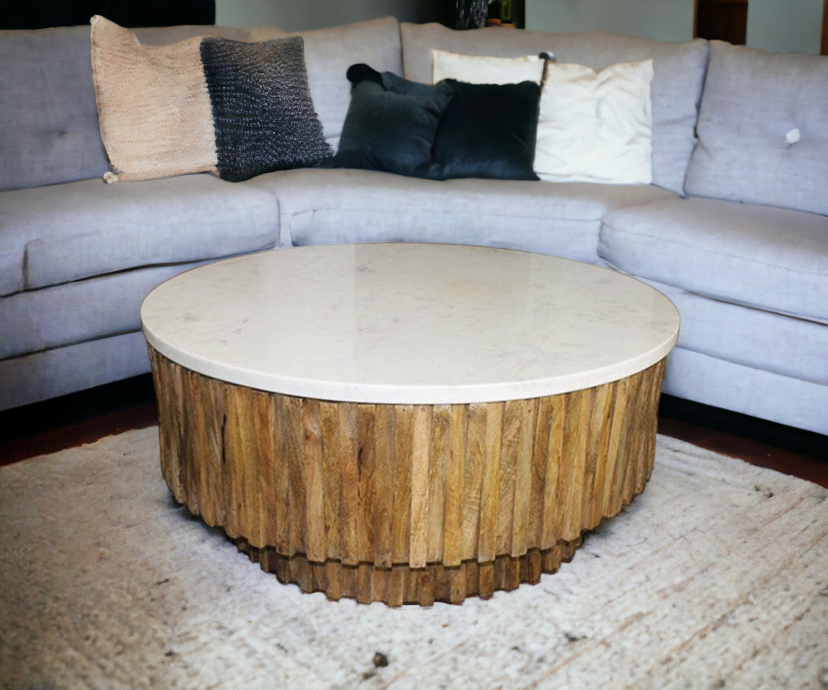 Round Marble Top and Wooden Strips Coffee Table