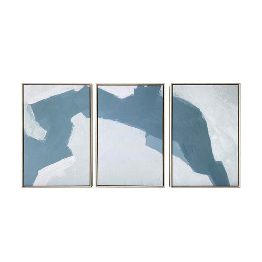 Set Of Three Blues and Grays Abstract Framed Canvas Wall Art Floater Frame Graphic Art Wall Art