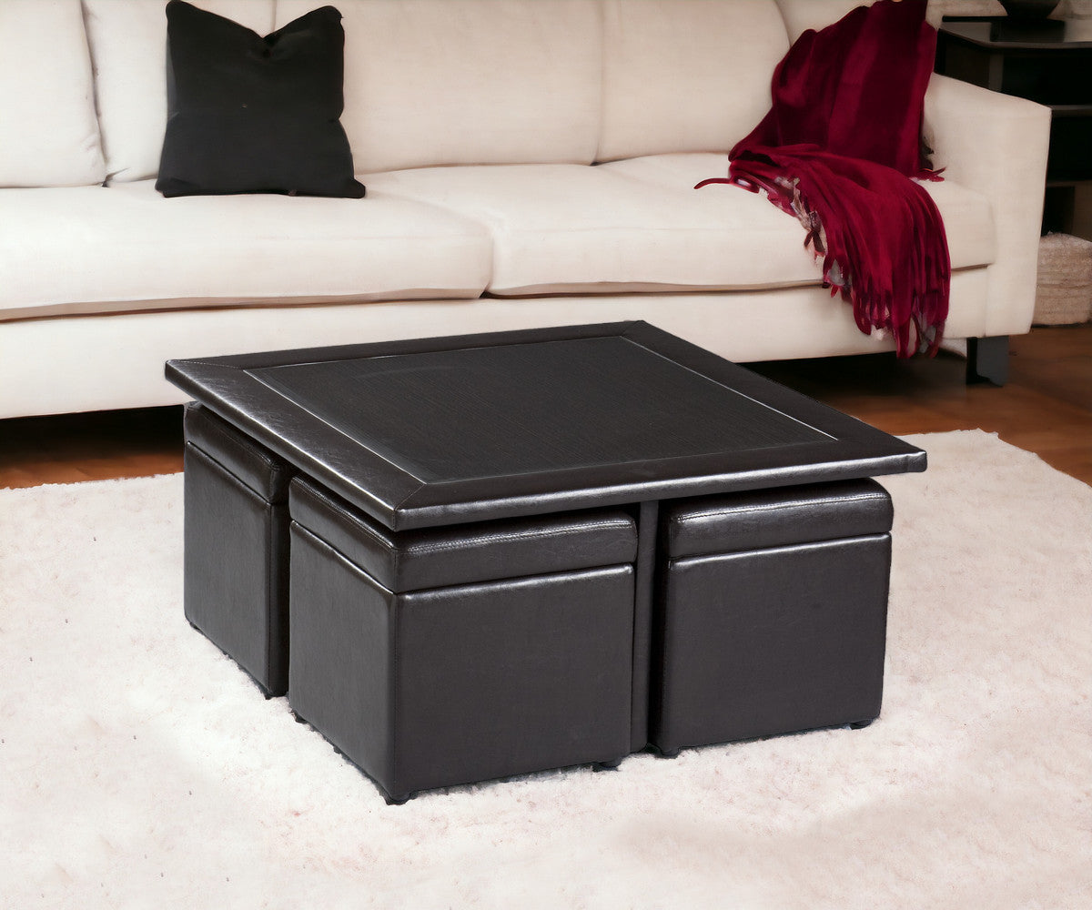 Five Piece Dark Brown Faux Leather Coffee Table and Storage Ottoman Set