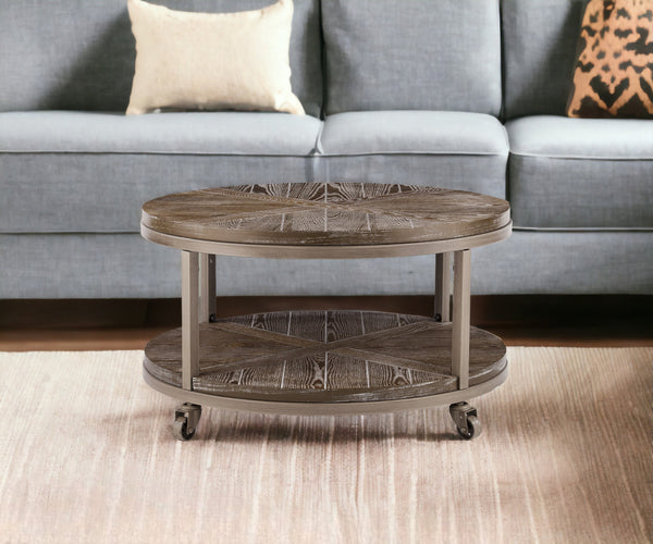 32 Brown Rustic and Distressed Round Two Tier Rolling Coffee Table