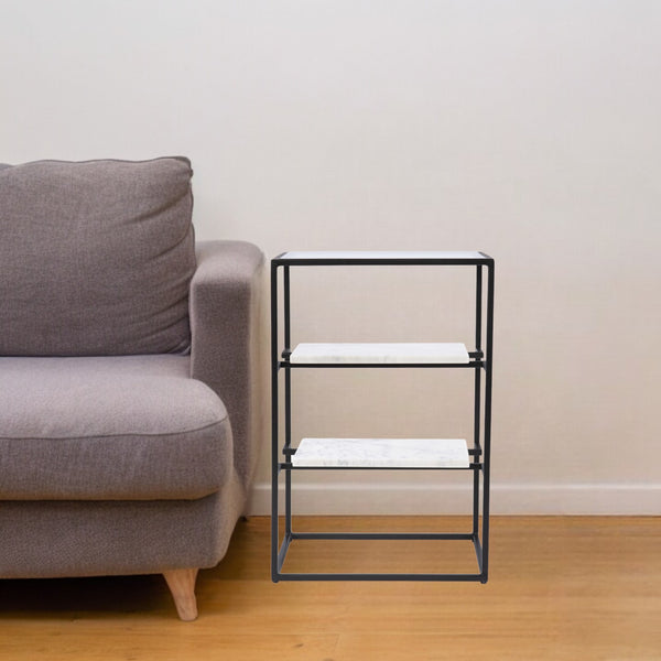 24 Black Glass and Marble Rectangular End Table With Two Shelves